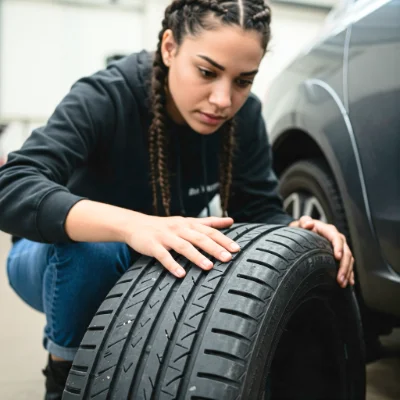 Mujer-revisando-los-neumaticos-del-coche